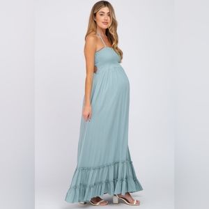 Pinkblush Sweet Lovely Aqua Halter Smocked Cut Out Boho Maternity Maxi Dress M